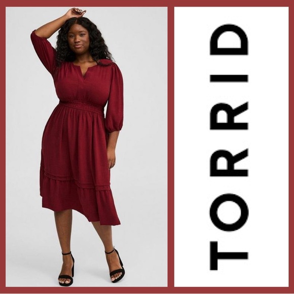 torrid Dresses & Skirts - Torrid Flowy shirt dress- Midi Tiered Shirt Dress Burgundy Size 4